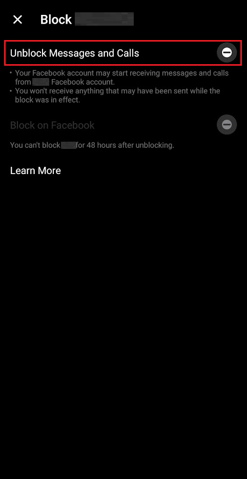 Toque en Desbloquear mensajes y llamadas