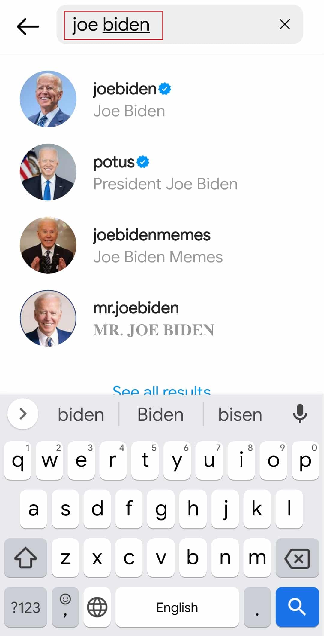 busque por nombre y apellido en la aplicación de instagram