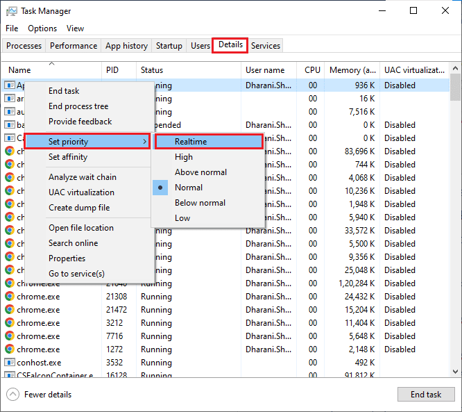 vaya a la opción Establecer prioridad y luego elija Tiempo real. Arreglar la tartamudez de Valheim en Windows 10