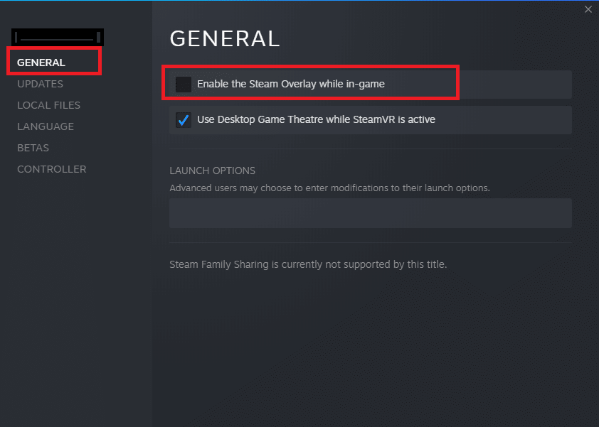 cambie a la pestaña GENERAL y desmarque la casilla que contiene Habilitar la superposición de Steam mientras está en el juego.