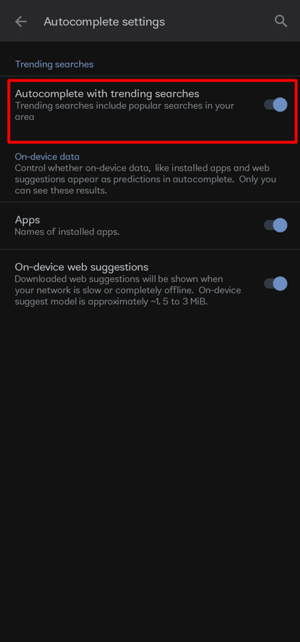 Deshabilite Autocompletar con búsquedas de tendencia. | desactivar las búsquedas de tendencia en Google Chrome