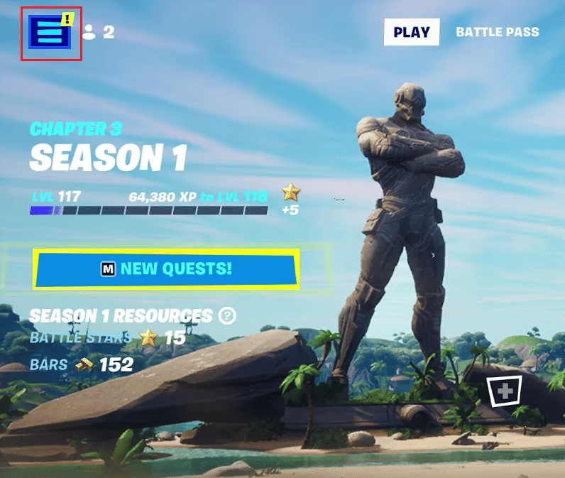 Desde la pantalla del juego Fortnite, haz clic en el ícono de la hamburguesa en la esquina superior izquierda