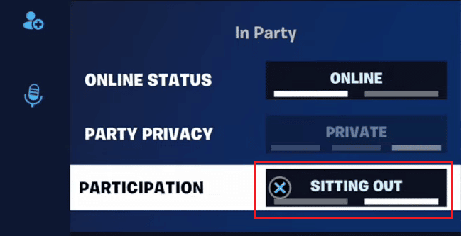 Navegue a la opción PARTICIPACIÓN y presione el botón X nuevamente en su controlador para cambiar al estado SITTING OUT | Cómo sentarse en Fortnite en PS4