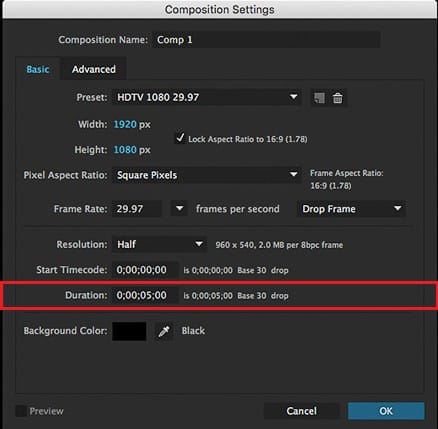 ir a configuración de composición y duración de la composición