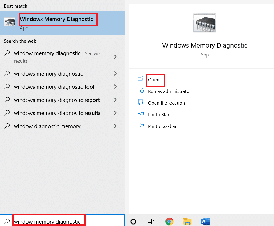 Abra el diagnóstico de memoria de Windows.  reparar la pantalla azul de administración de memoria Windows 11