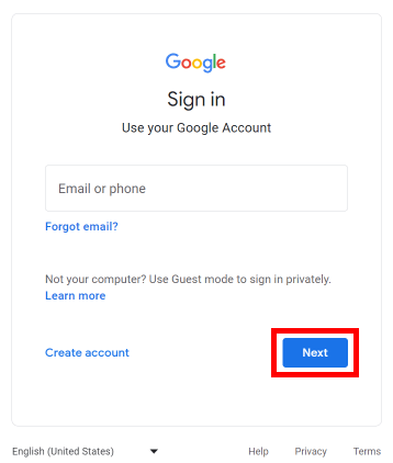 Ingrese su dirección de correo electrónico de Google y haga clic en el botón Siguiente.