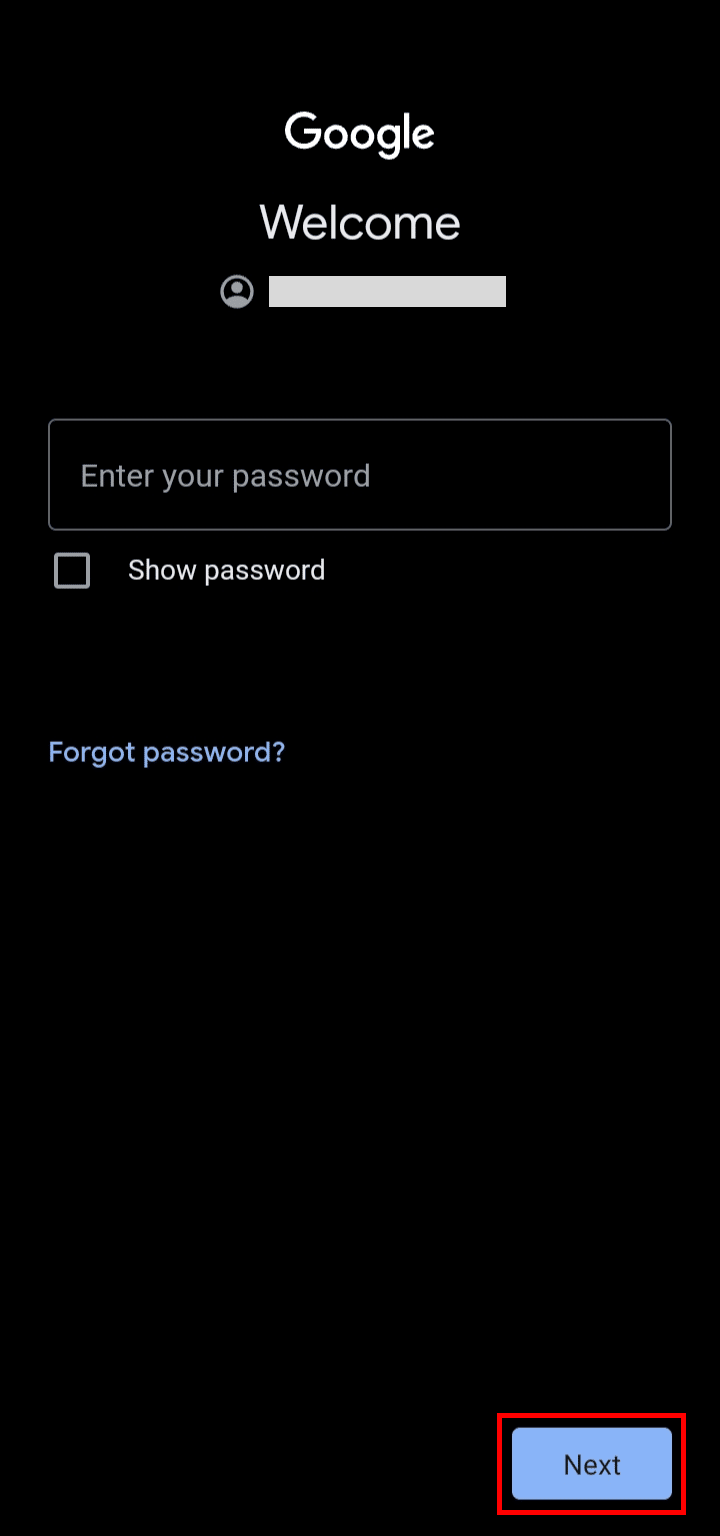 Ingrese su contraseña y toque el botón Siguiente para iniciar sesión en su cuenta de Google. | deshabilitar el chat de Google