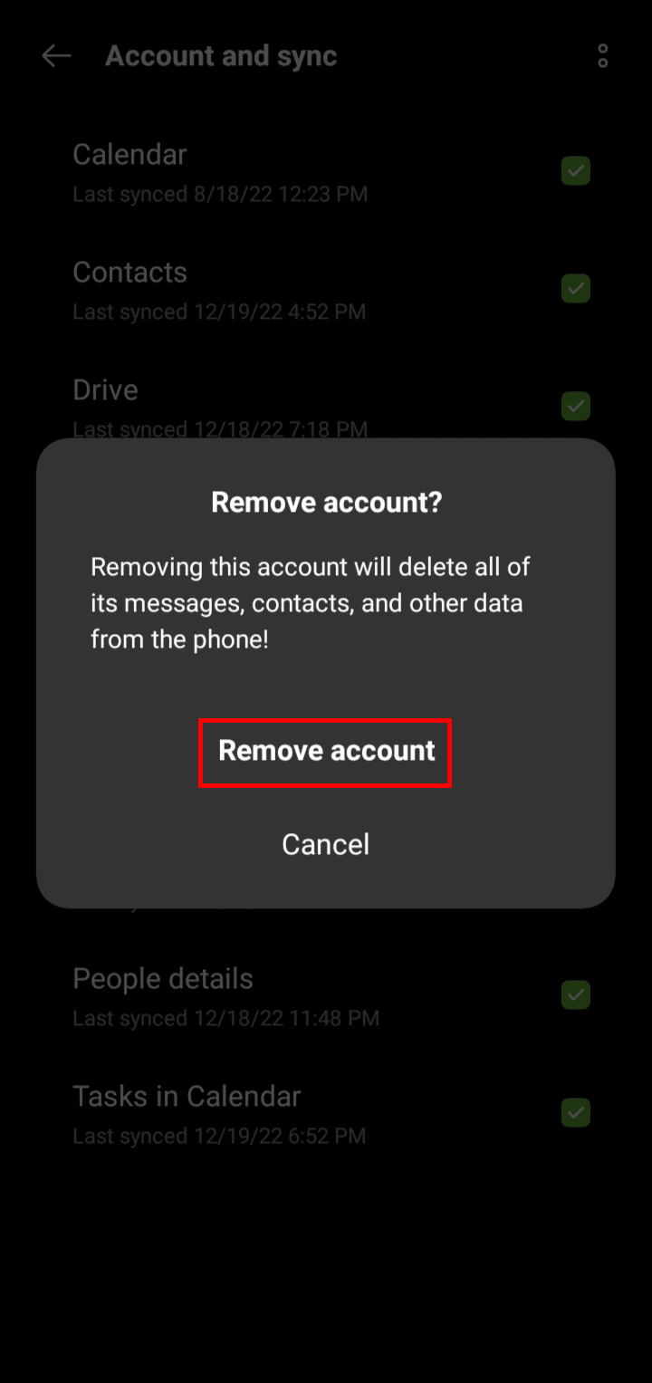 Toque Eliminar cuenta en el cuadro de diálogo que apareció en la pantalla.
