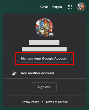 Haga clic en Administrar su cuenta de Google debajo de su nombre y dirección de correo electrónico.