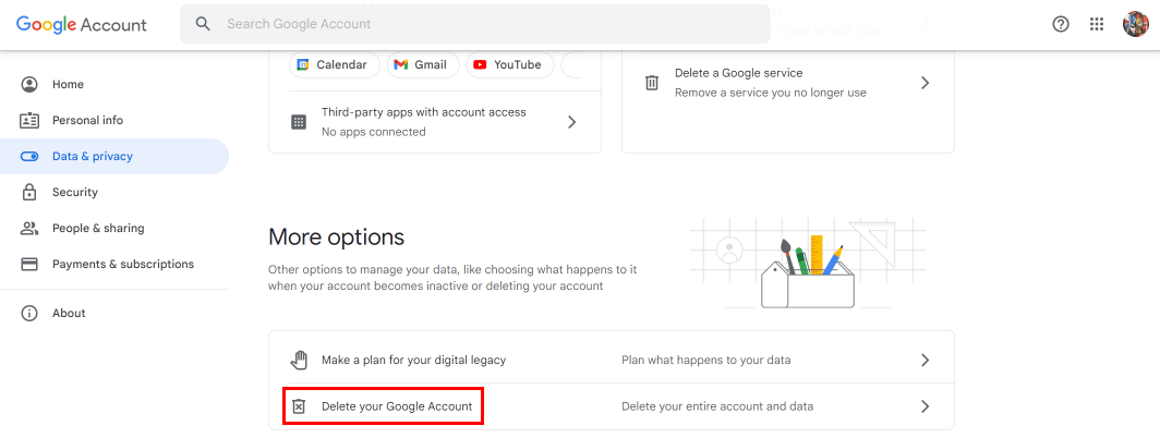 Desplácese hacia abajo y haga clic en la opción Eliminar su cuenta de Google.