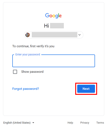 Ingrese su contraseña de Google y haga clic en el botón Siguiente para verificar.