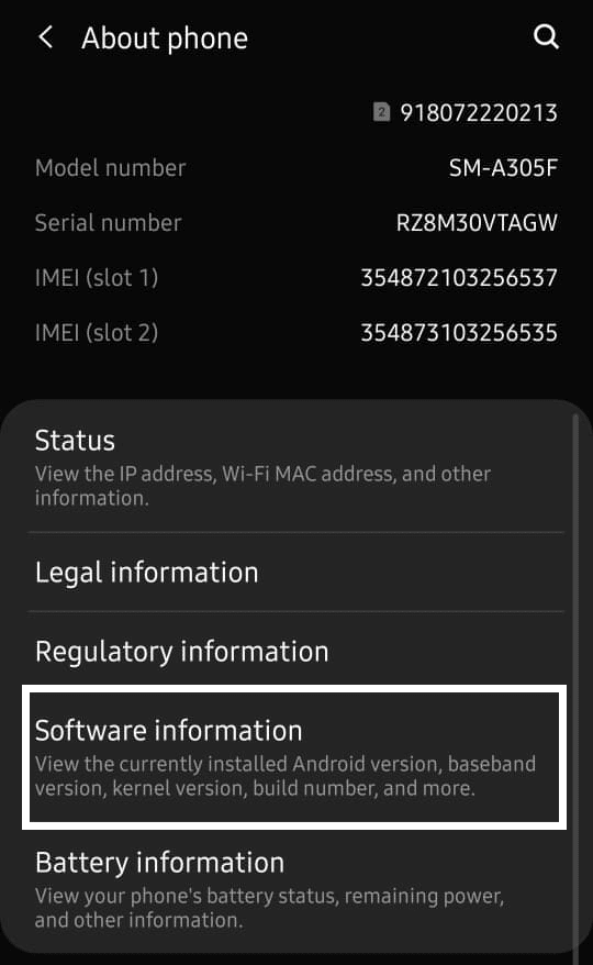 Seleccione Información del software en Acerca del teléfono |