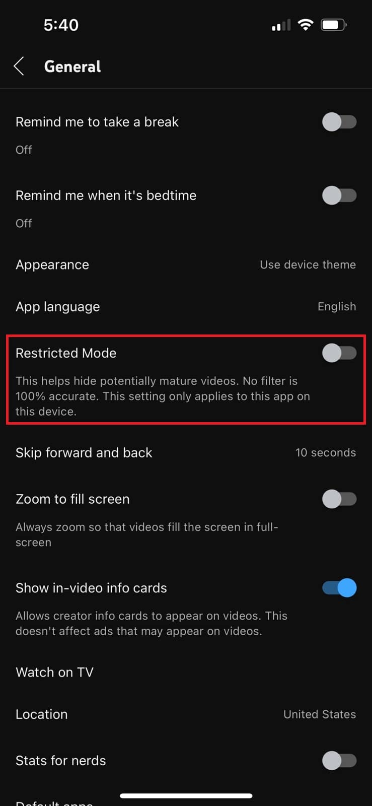 encienda la palanca para el modo restringido | Cómo restringir YouTube en Android