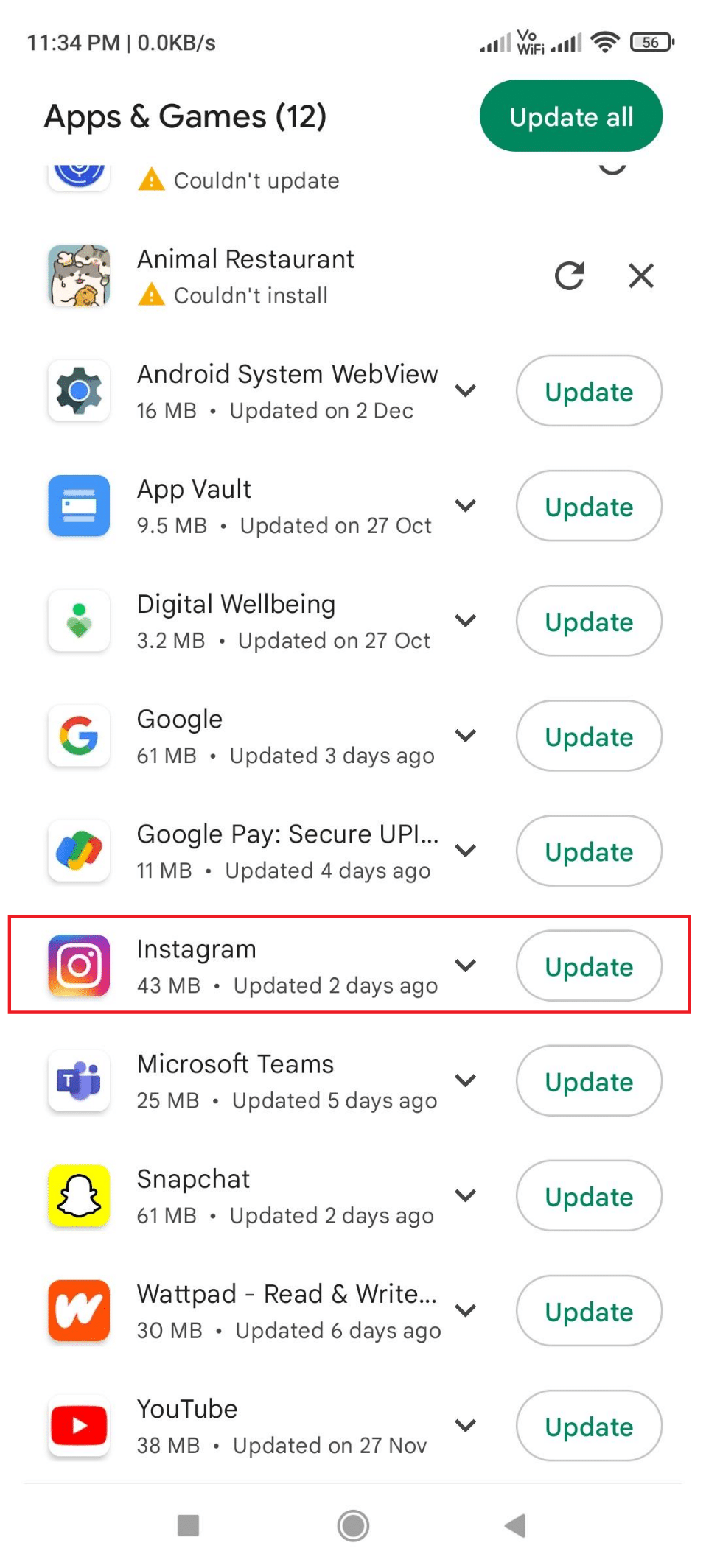 Actualización de Instagram en playstore