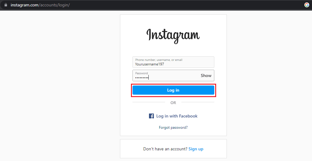 Ingrese su contraseña y luego haga clic en iniciar sesión. | Cómo arreglar el usuario no encontrado en Instagram