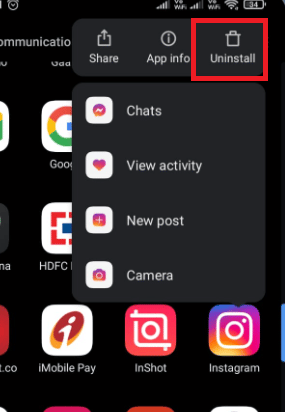 Toque en Desinstalar | Cómo arreglar el usuario no encontrado en Instagram