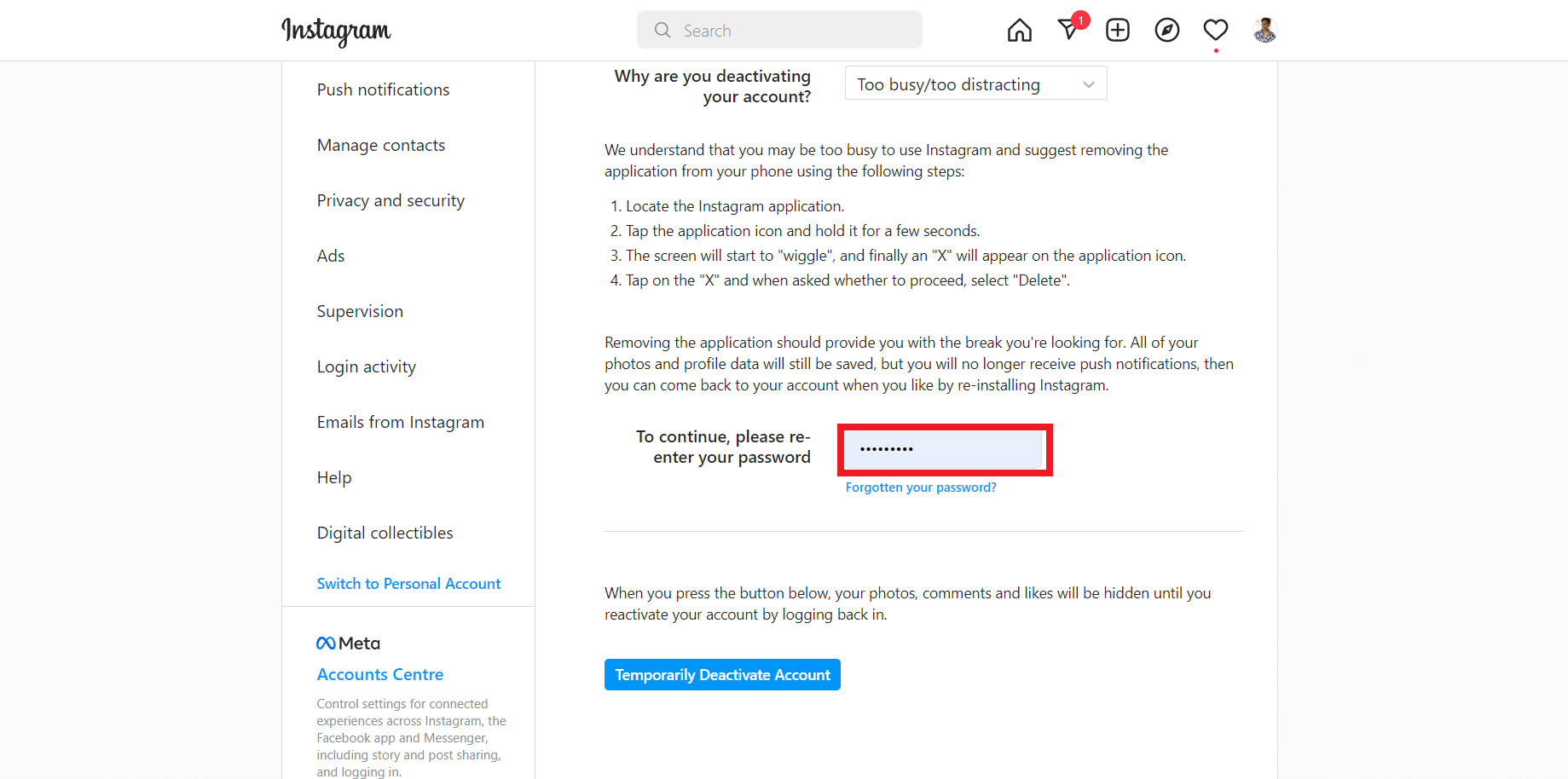 Ahora vuelva a introducir su contraseña. | reactivar mi cuenta de Instagram antes de 7 días