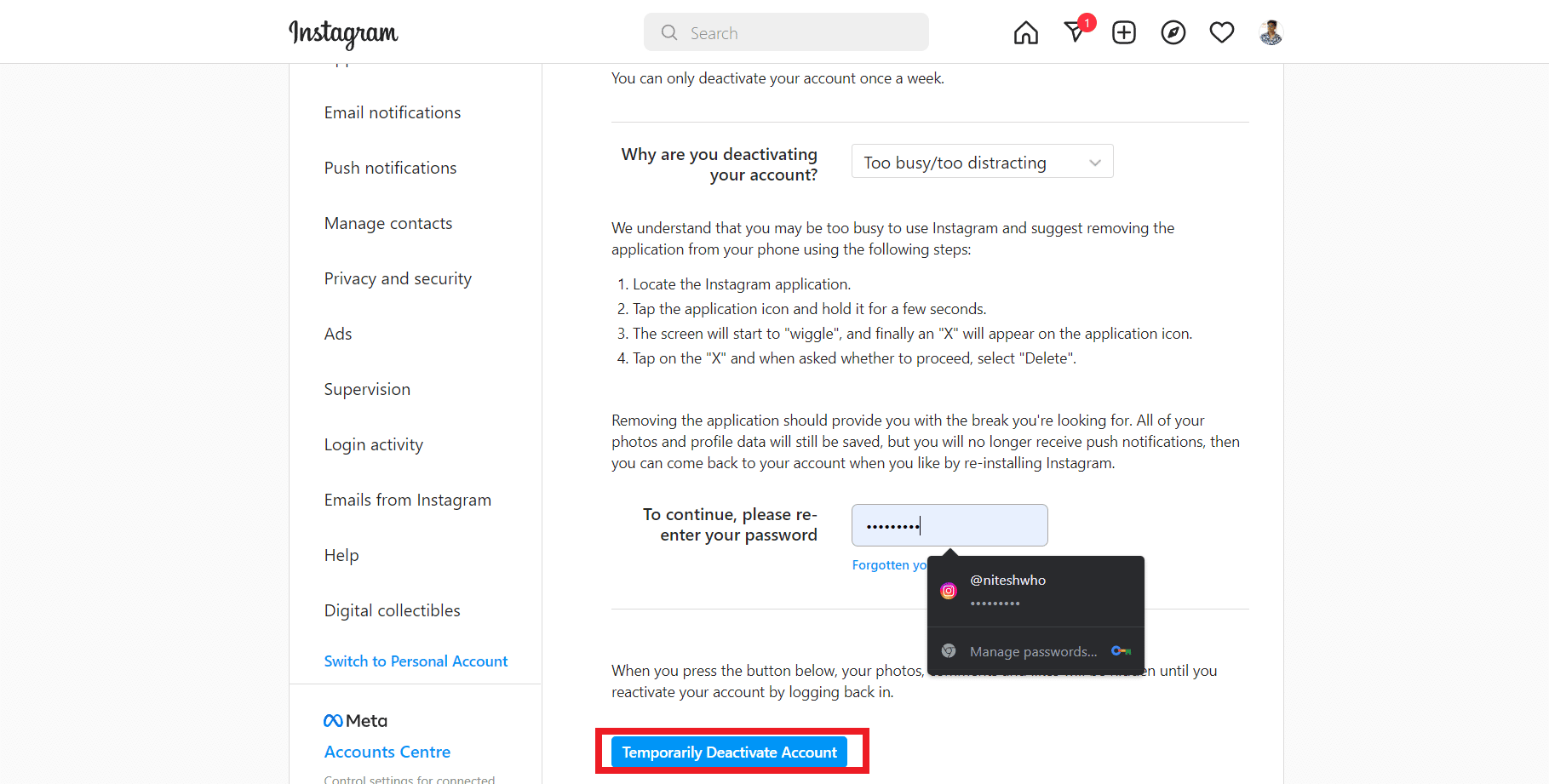 Seleccione la opción Desactivar cuenta temporalmente.