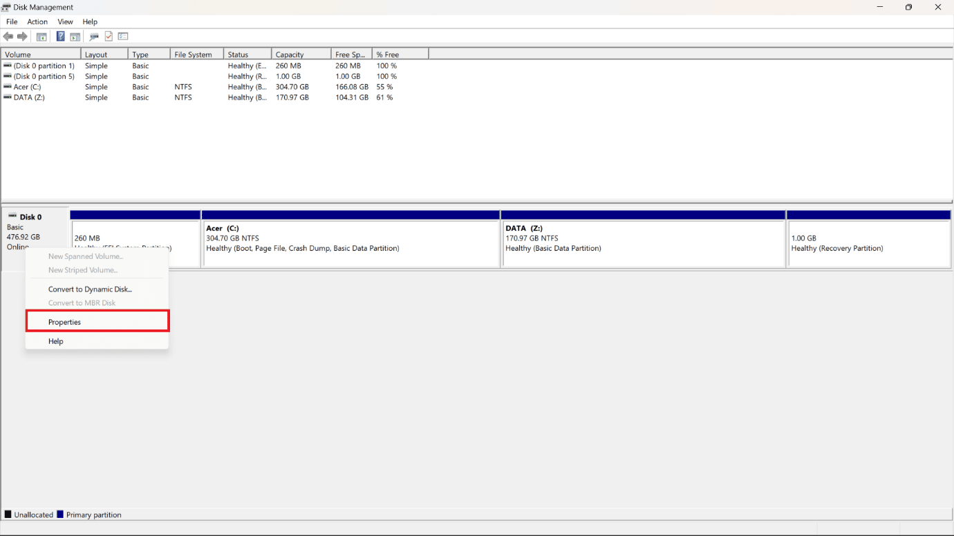 Haga clic derecho en el disco de destino y seleccione la opción Propiedades.