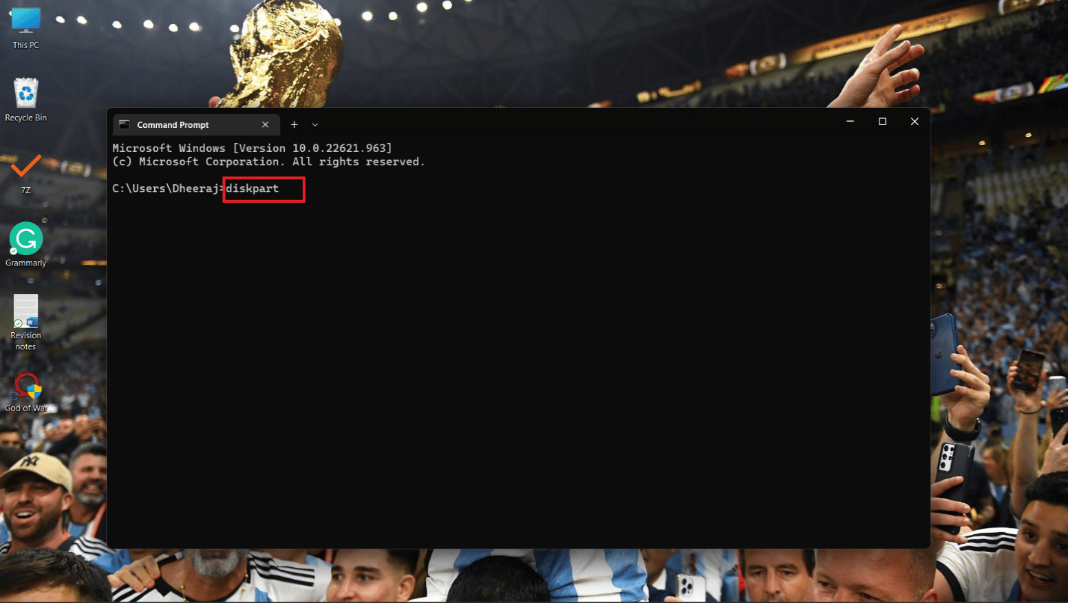 escriba el comando diskpart en la ventana de comandos que se abre y presione la tecla Intro