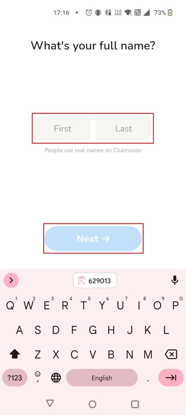 Ingrese el nombre y apellido y toque Siguiente