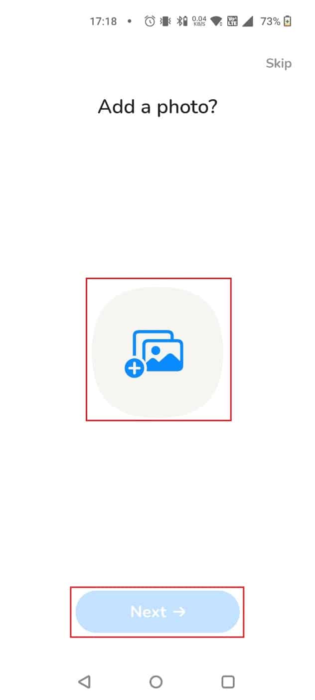 Toque el ícono de la foto para agregar una imagen de perfil y toque Siguiente