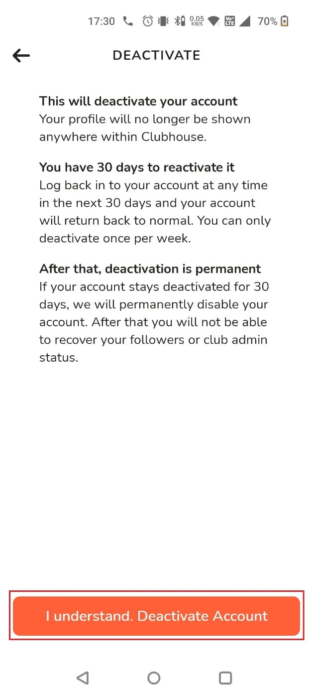 toque en Entiendo.  desactivar cuenta