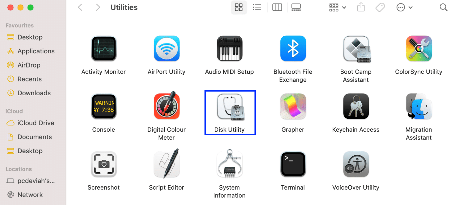abra la utilidad de disco.  |  Cómo reparar el error de Kernel Panic Mac