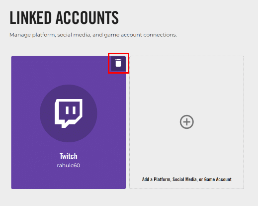 En la sección Cuentas vinculadas, haga clic en el icono de la papelera en la parte superior derecha del servicio conectado.  |  Cómo desvincular la cuenta de Bethesda