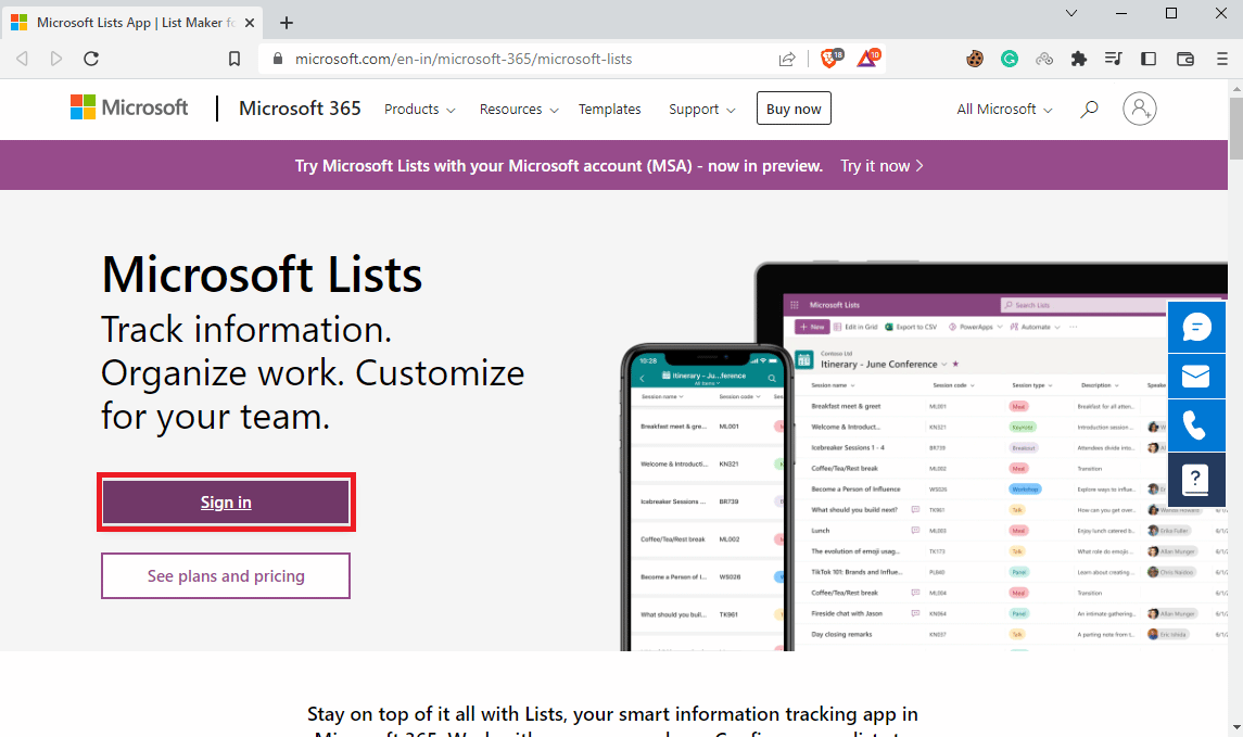 visite la página oficial de Listas de Microsoft y haga clic en Iniciar sesión