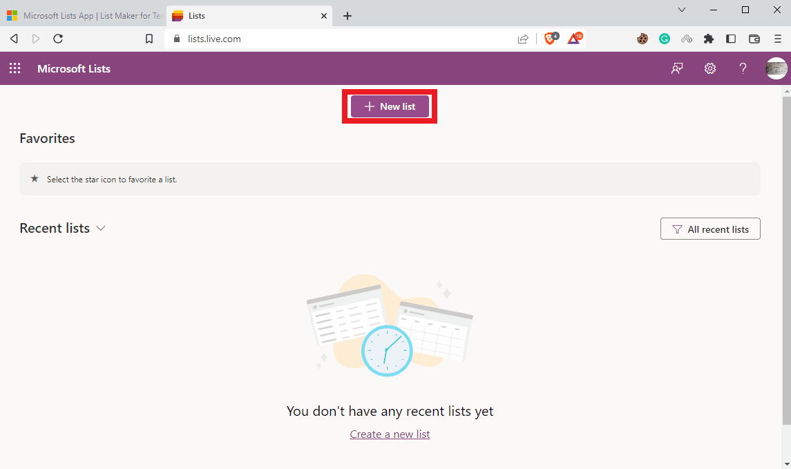 haga clic en Nueva lista para comenzar a trabajar en Listas