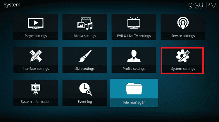 Haga clic en la opción Configuración del sistema.  Arreglar el error del asistente Kodi No Limits
