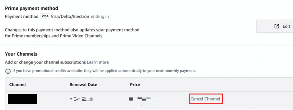 haga clic en la pestaña Canal - Cancelar canal junto al canal de Sling TV |  Cómo cancelar Sling TV a través de Amazon