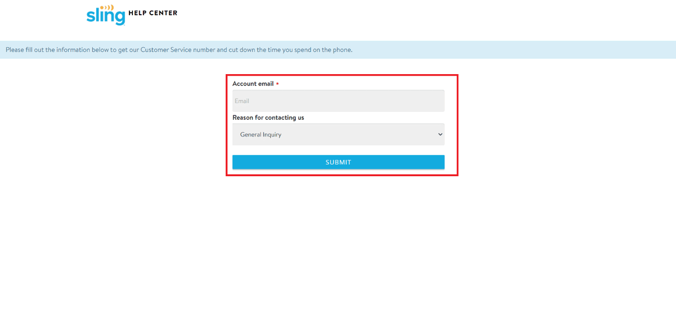 Ingrese el correo electrónico de su cuenta y el motivo para contactarnos.  Haga clic en ENVIAR |  Cómo cancelar Sling TV a través de Amazon