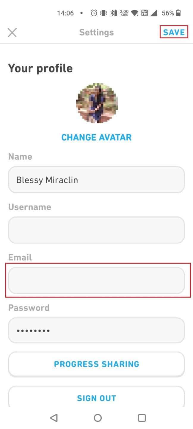 Ingrese la dirección de correo electrónico y toque GUARDAR | Cómo eliminar una cuenta de Duolingo