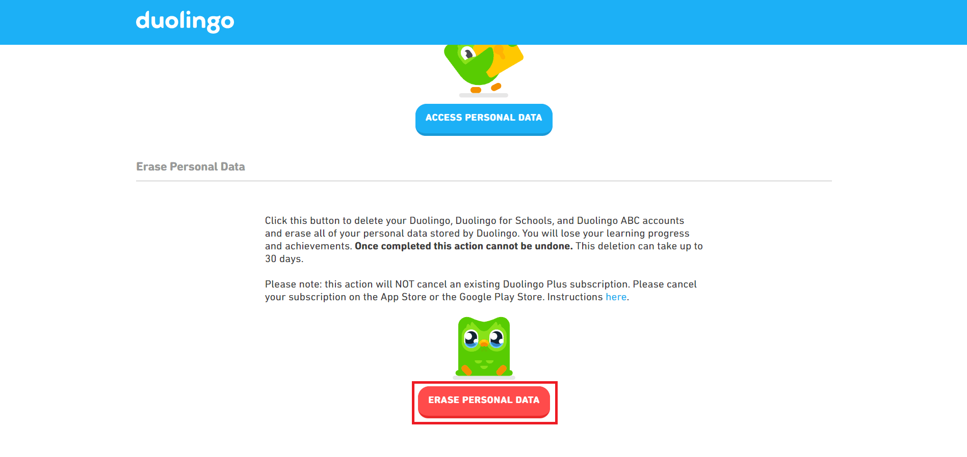 Haga clic en BORRAR DATOS PERSONALES en la página de Duolingo Drive-Thru redirigida
