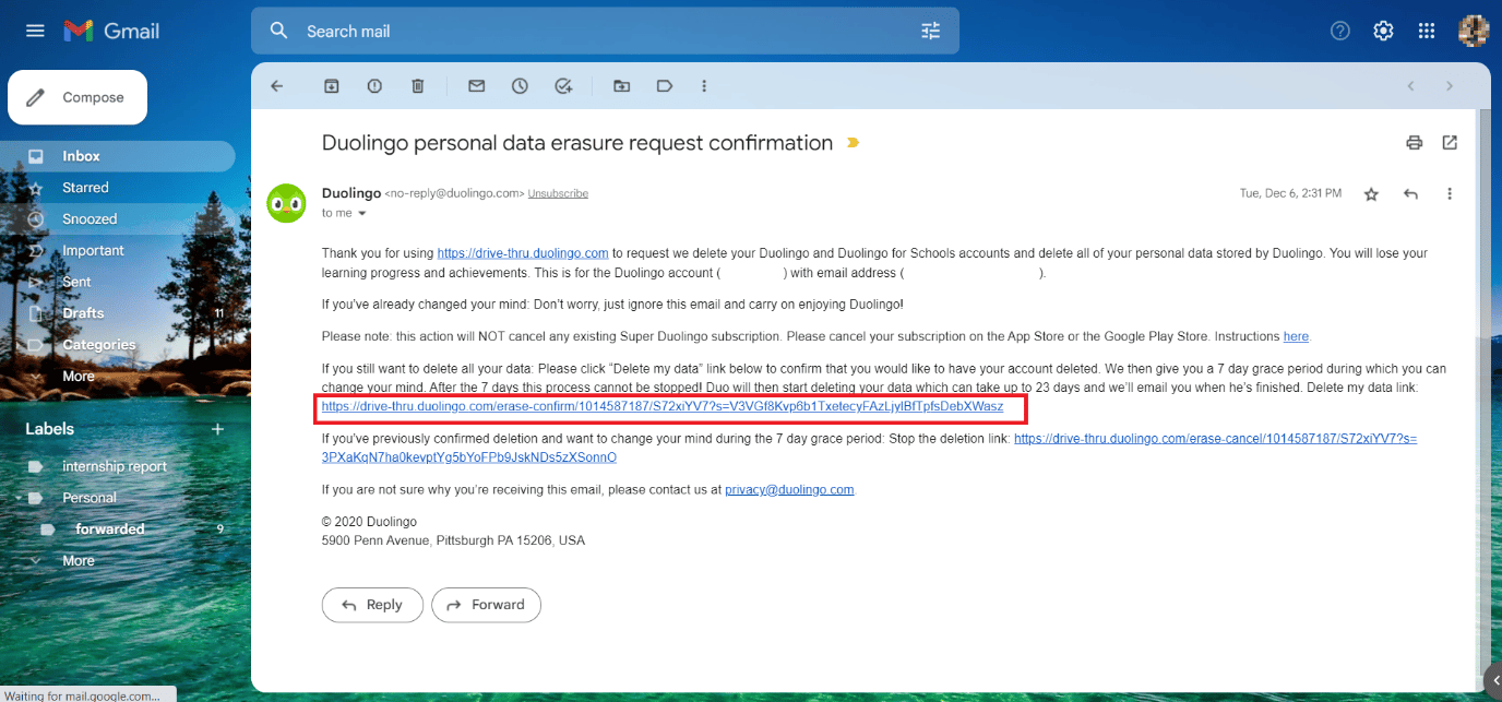Haga clic en el enlace Eliminar mis datos en el correo electrónico de Duolingo | Cómo eliminar una cuenta de Duolingo