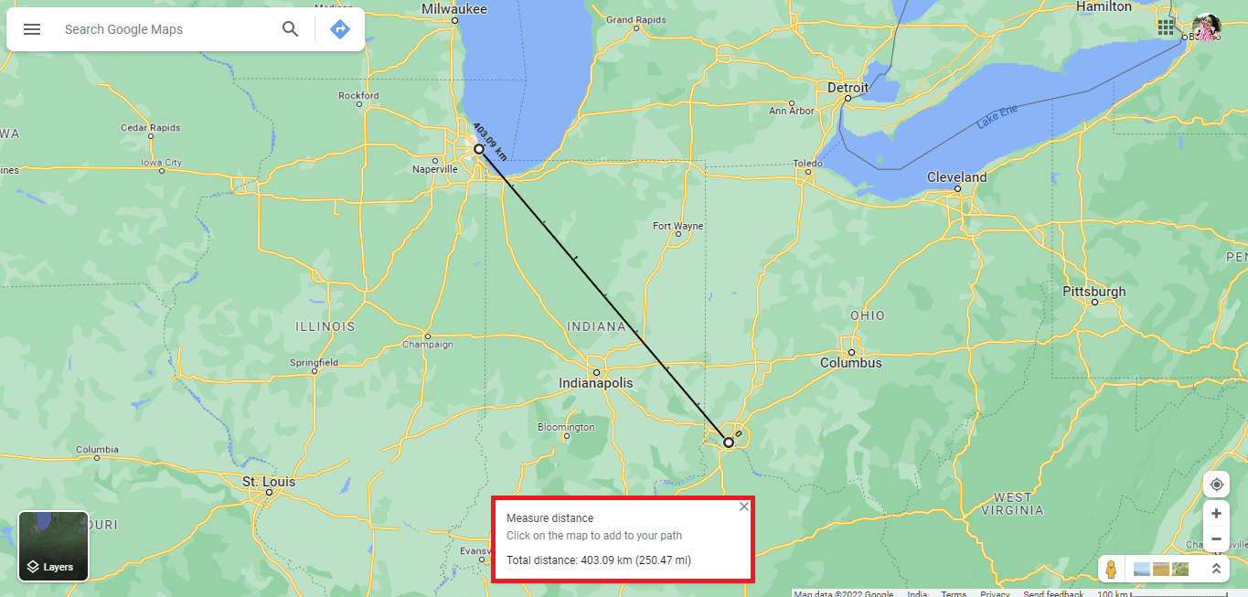 Puedes ver que la distancia entre Cincinnati y Chicago es de 250,47 mi 