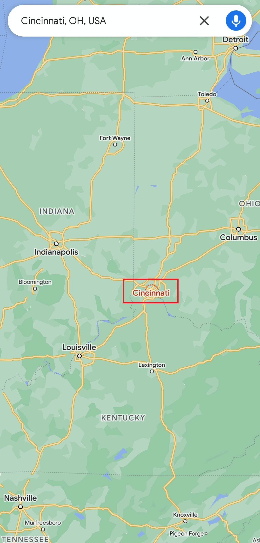 Encuentra Cincinnati en el mapa |  a medio camino entre dos lugares