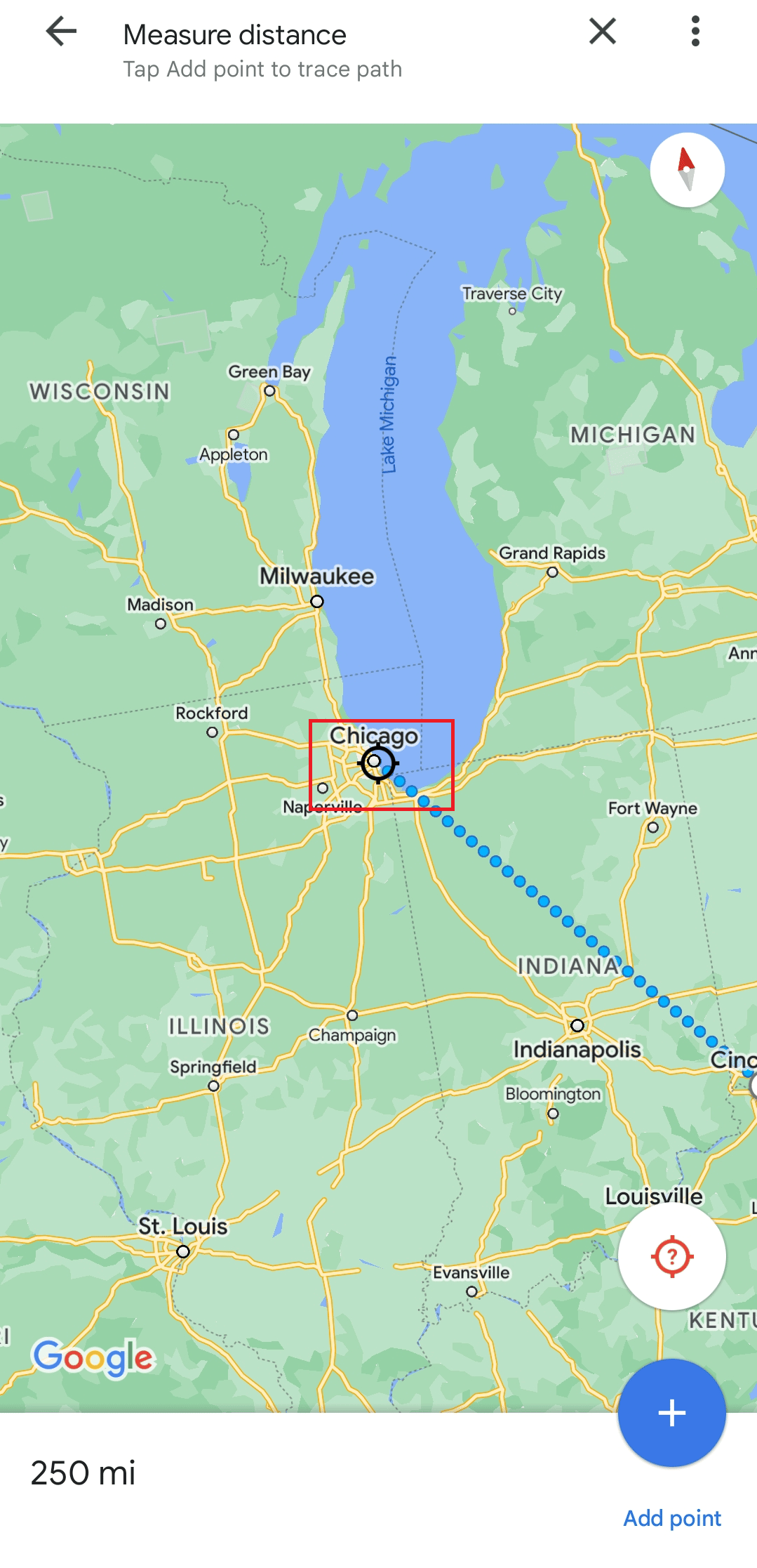 En el mapa, encuentra Chicago para medir la distancia |  punto medio entre ciudades