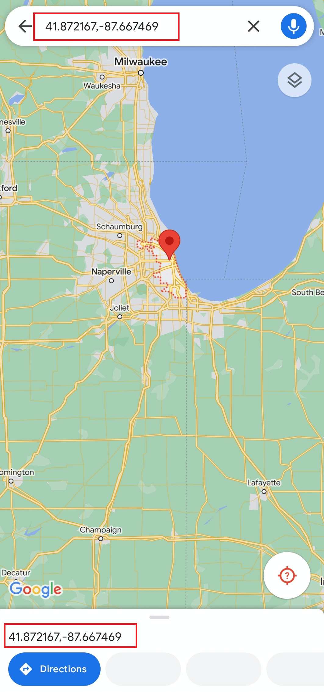 Encuentra Chicago y mantén presionada la ubicación en la pantalla de tu móvil para obtener las coordenadas (41.87216, - 87.66746) 