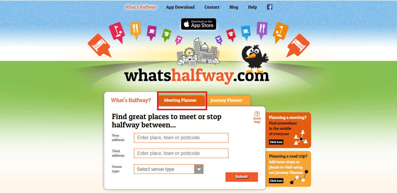 Haga clic en la opción Meeting Planner en el sitio web oficial de Whatshalfway.com |  punto medio entre ciudades