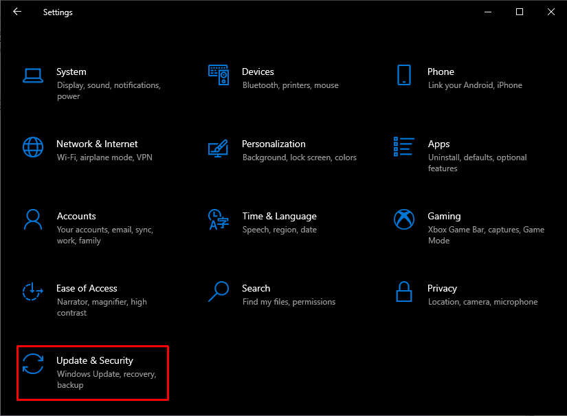 Haga clic en Actualización y seguridad.  Solucionar error de excepción de verificación de máquina en Windows