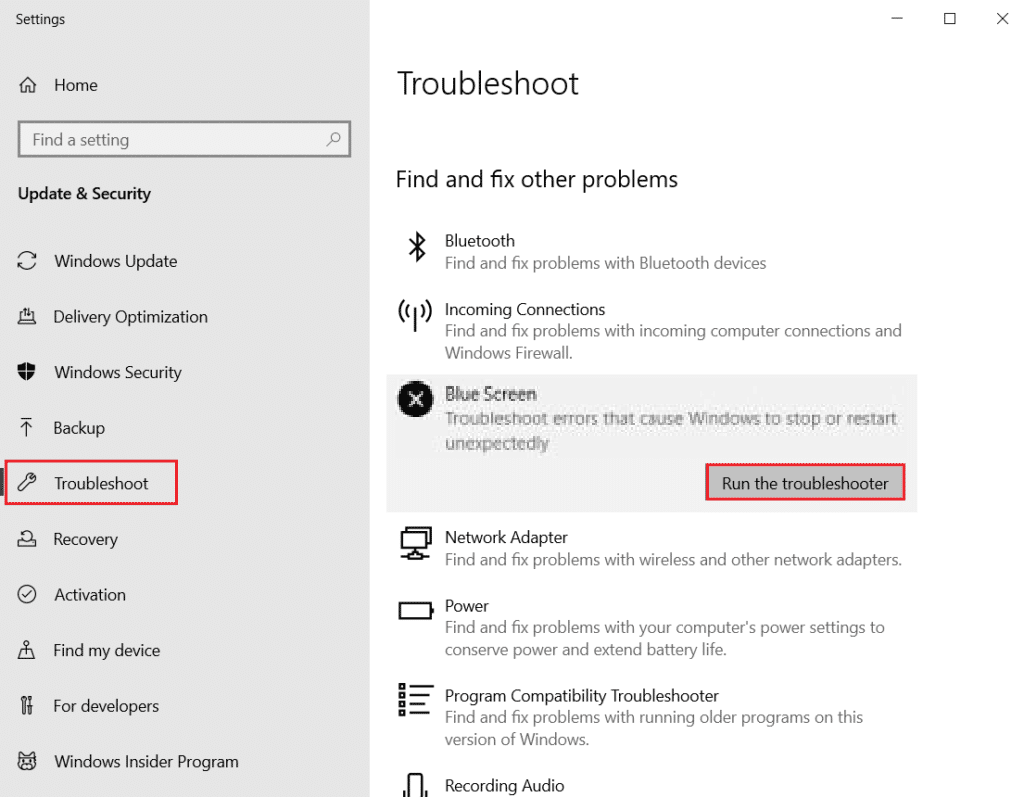 ejecutar el solucionador de problemas BSOD