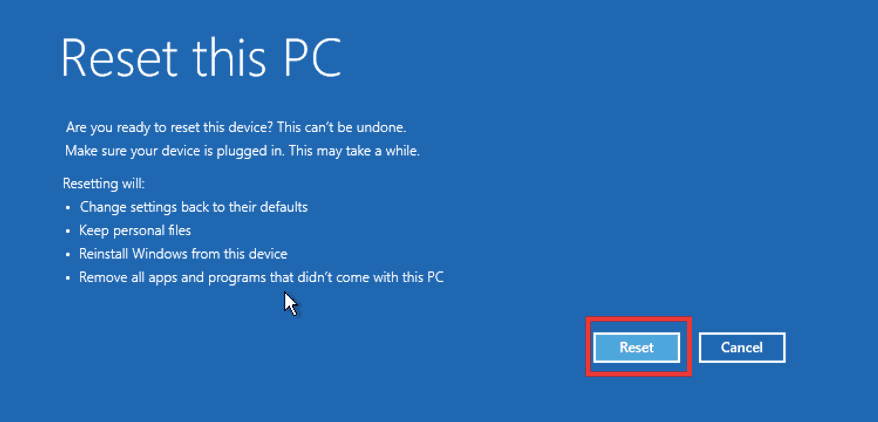 haga clic en restablecer para restablecer su PC
