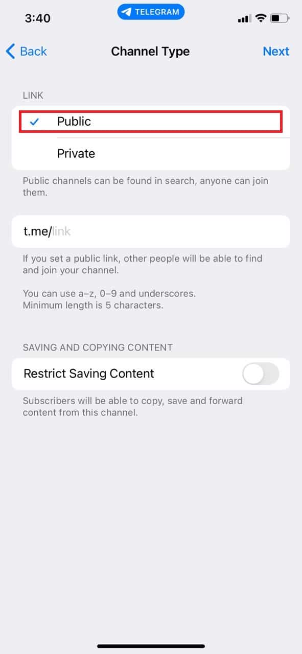 Toca el canal público si quieres un canal público 