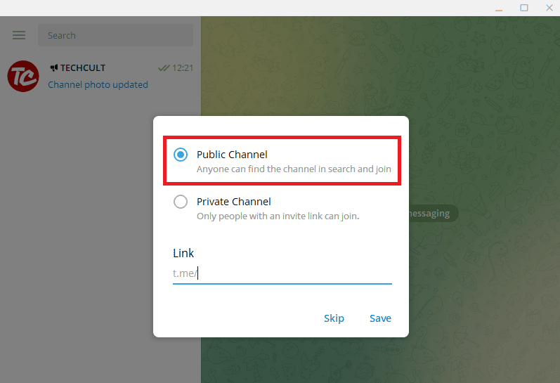 Toca el canal público si quieres un canal público 