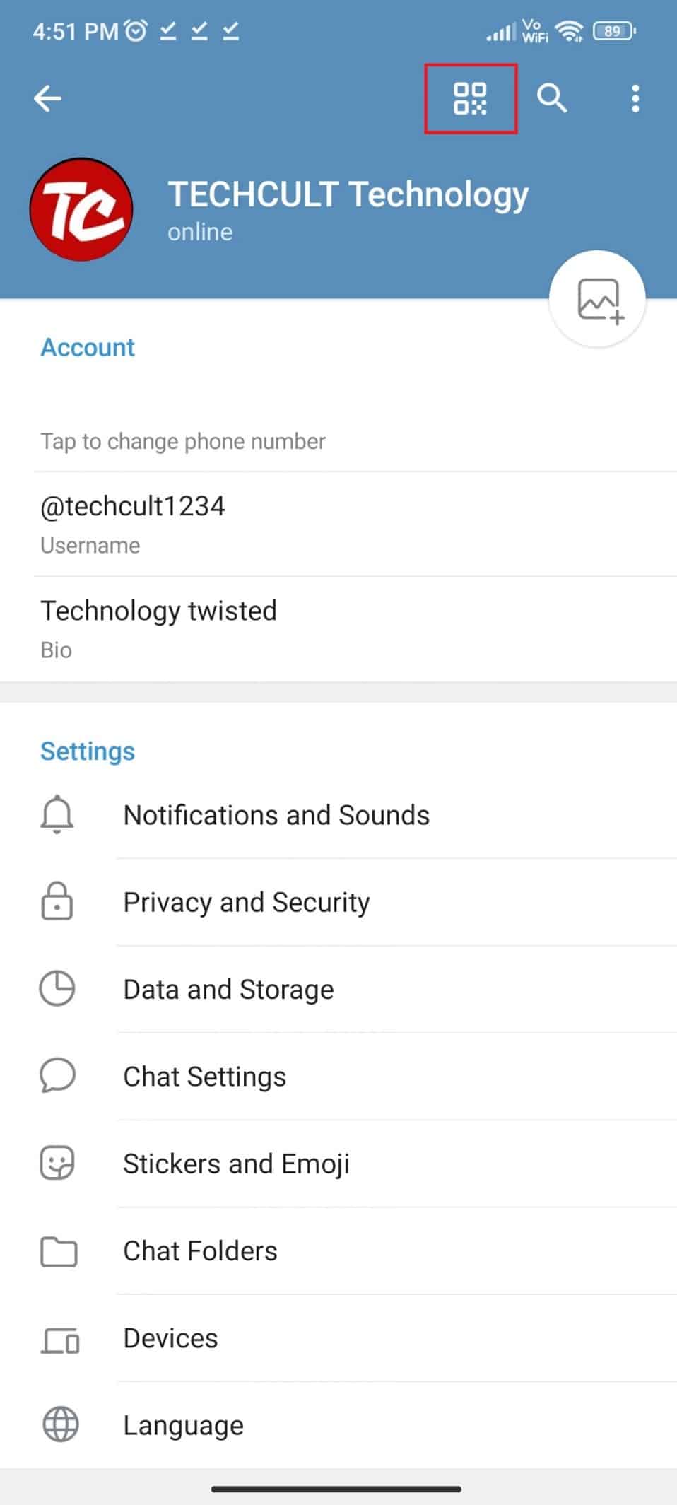 También puede utilizar el icono del código QR.  como crear un canal de telegram