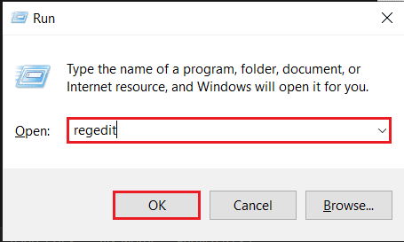Escriba regedit y haga clic en Aceptar para abrir el Editor del Registro