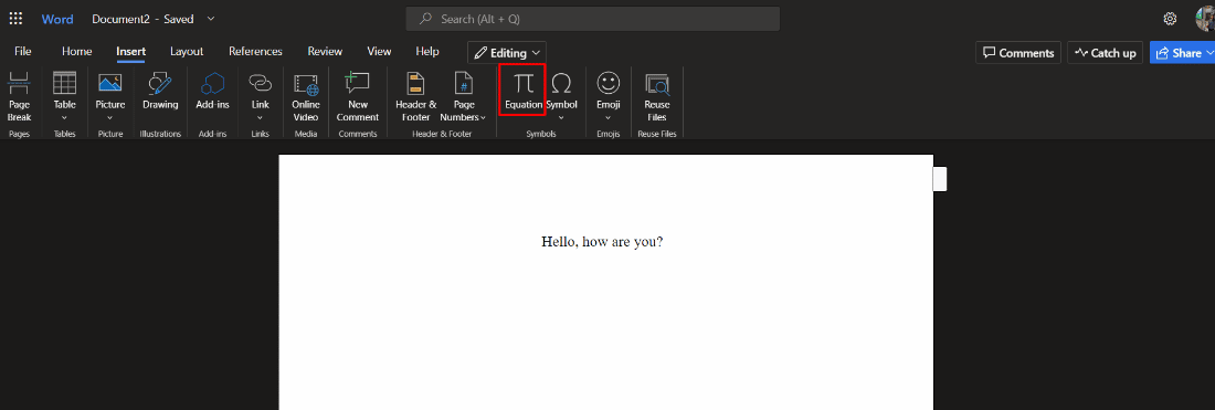 haga clic en insertar y vaya a la ecuación |  Accesos directos del editor de ecuaciones de Microsoft